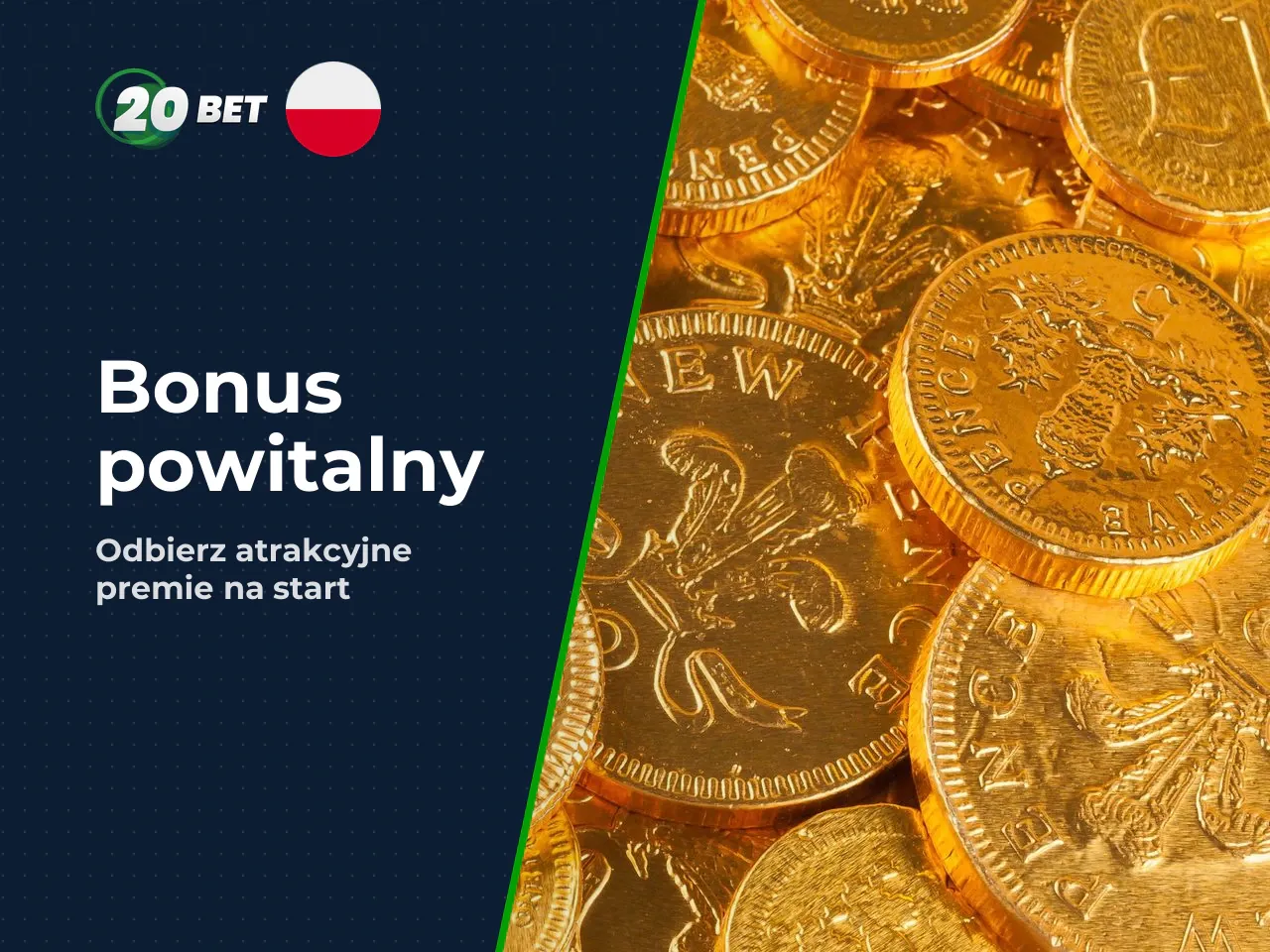 Welcome bonus dla zakładów sportowych i casino. Standardowy podział powitalny przydziela nowemu użytkownikowi możliwość wyboru premii sportowej lub kasynowej. **Bonus kasynowy (1. depozyt):** 100% pow